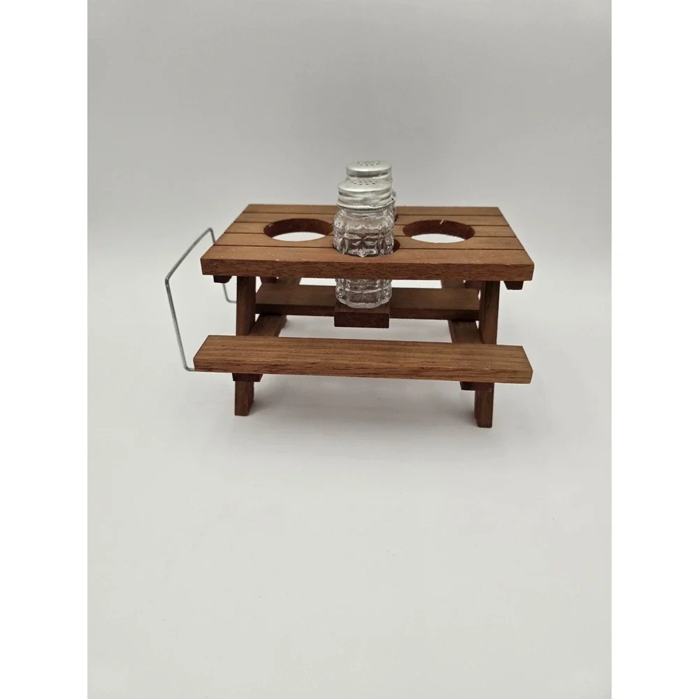 Wooden Picnic Table Condiment Caddy Salt and Pepper Shakers Napkin Holder VTG